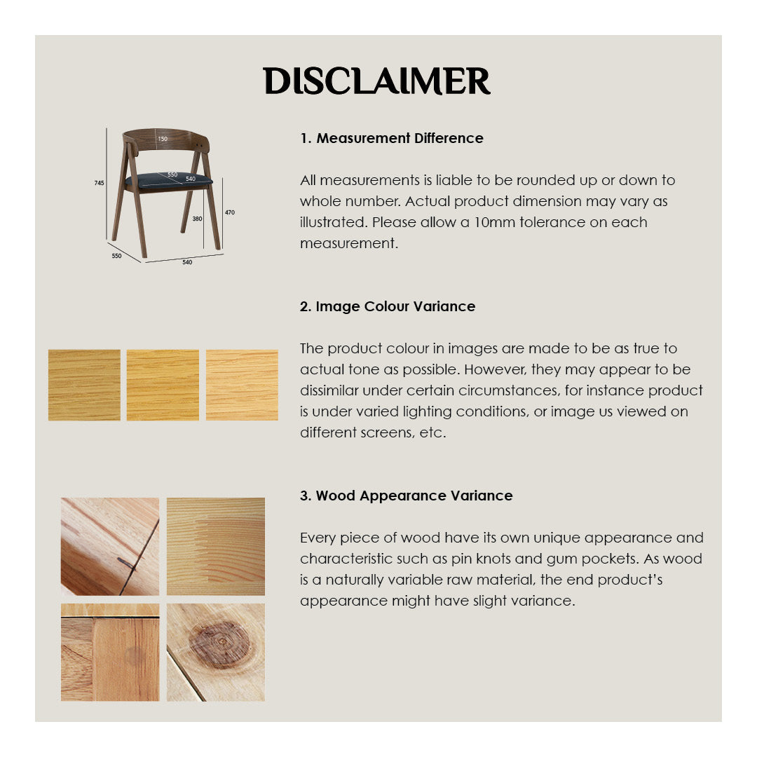 Disclaimer text about measurement, image color variance, and wood appearance variance on a wooden background.