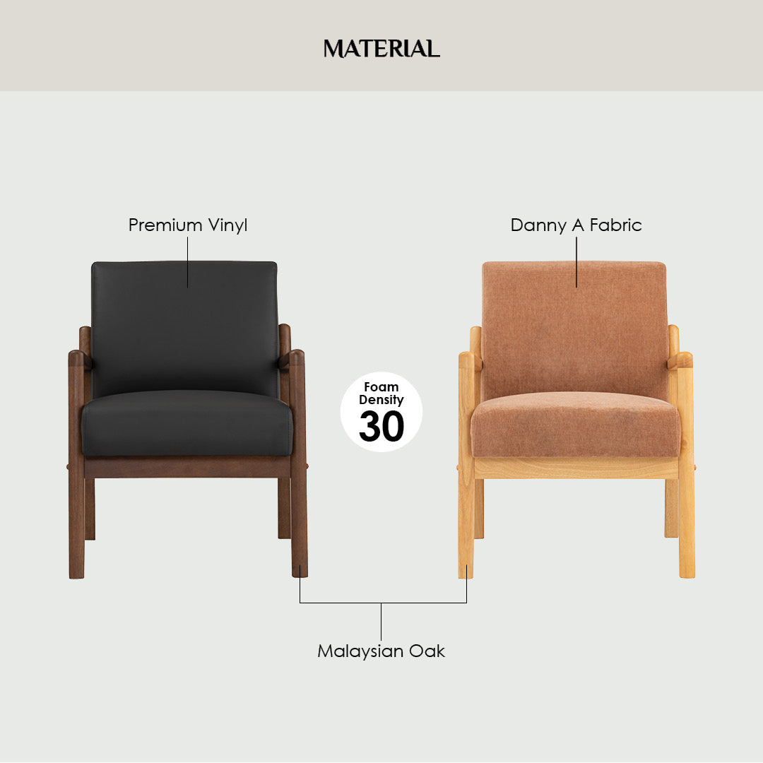 Material comparison graphic showing two armchairs side by side with labels: a black cushion on a dark wood frame labeled Premium Vinyl and Malaysian Oak, and a tan cushion on a light wood frame labeled Danny A Fabric. A circular badge reads Foam Density 30.