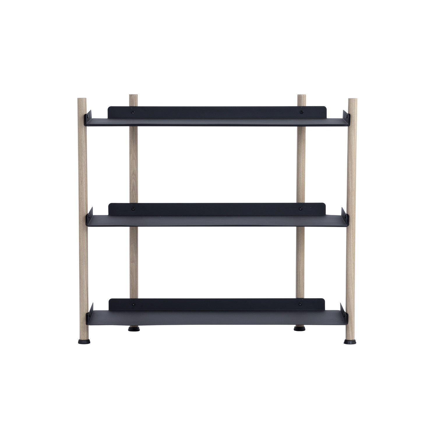 Three-tiered black shelf with beige legs on a white background