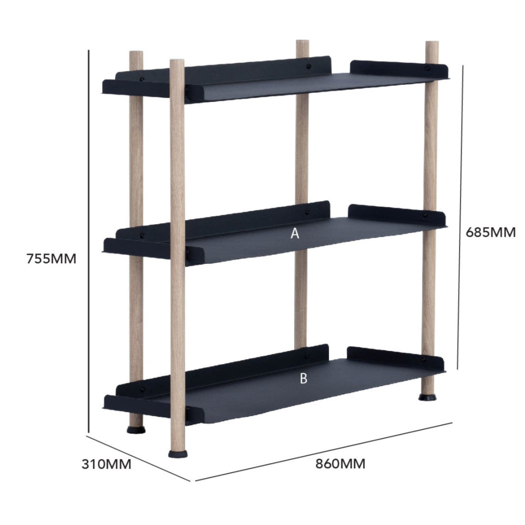 Black shelving unit with dimensions labeled on a white background