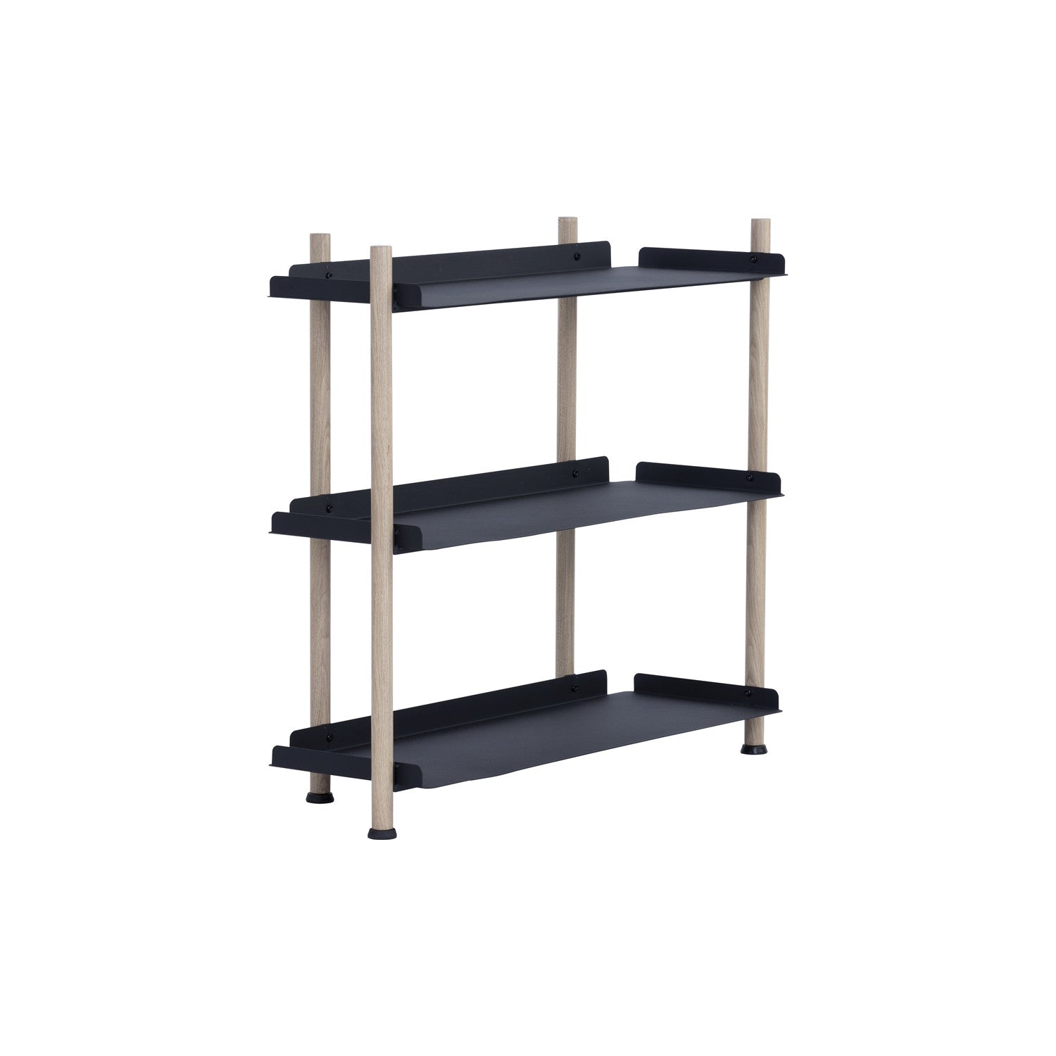 Black shelving unit with beige legs on a white background