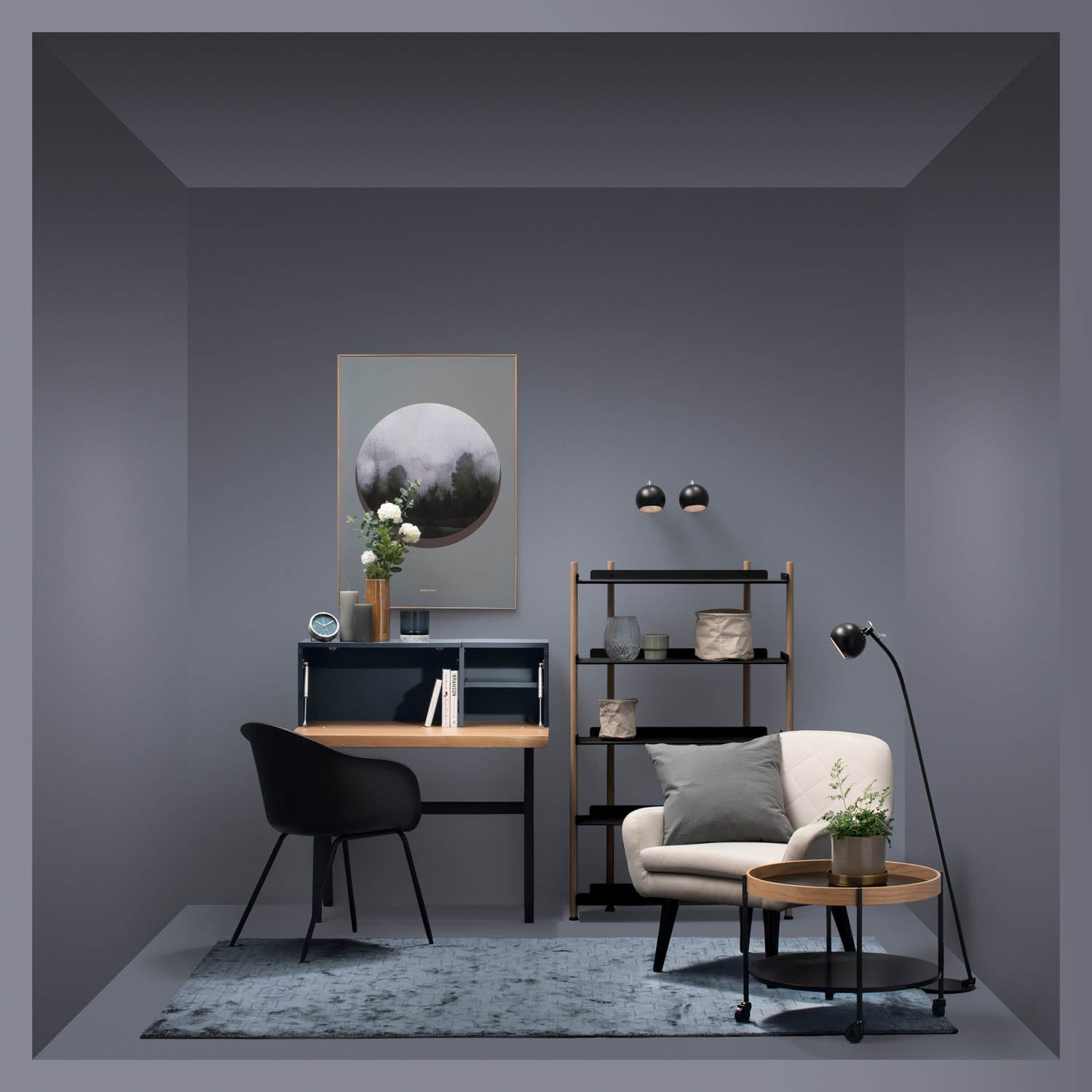 Modern living room with gray walls, furniture, and decor elements.
