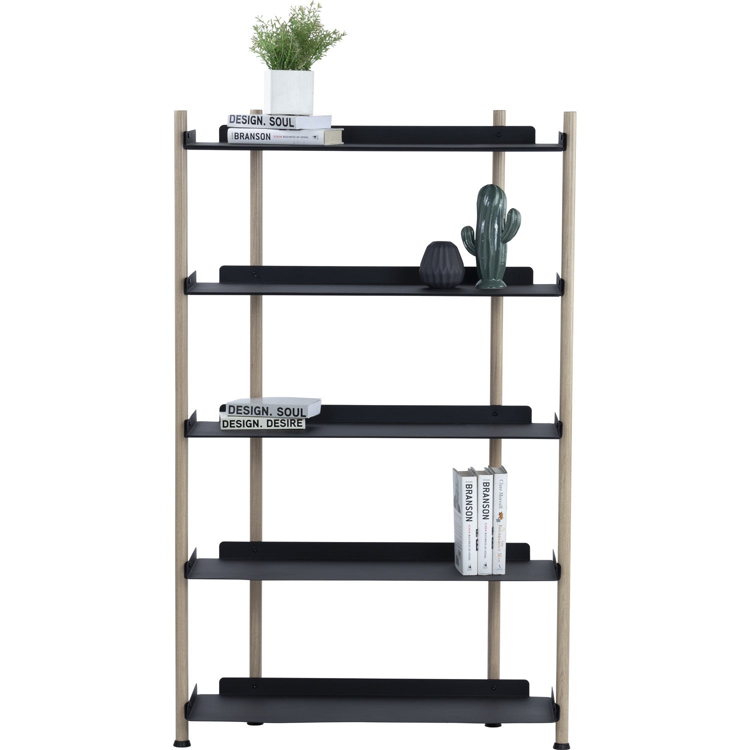 Bookshelf with black shelves and beige legs, holding books and a cactus.