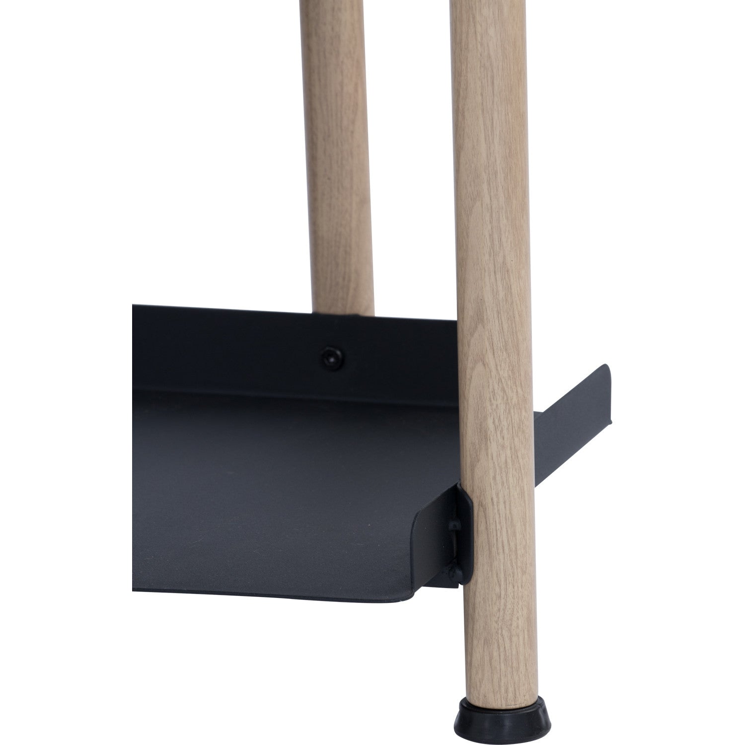 Black metal stand with wooden legs on a white background