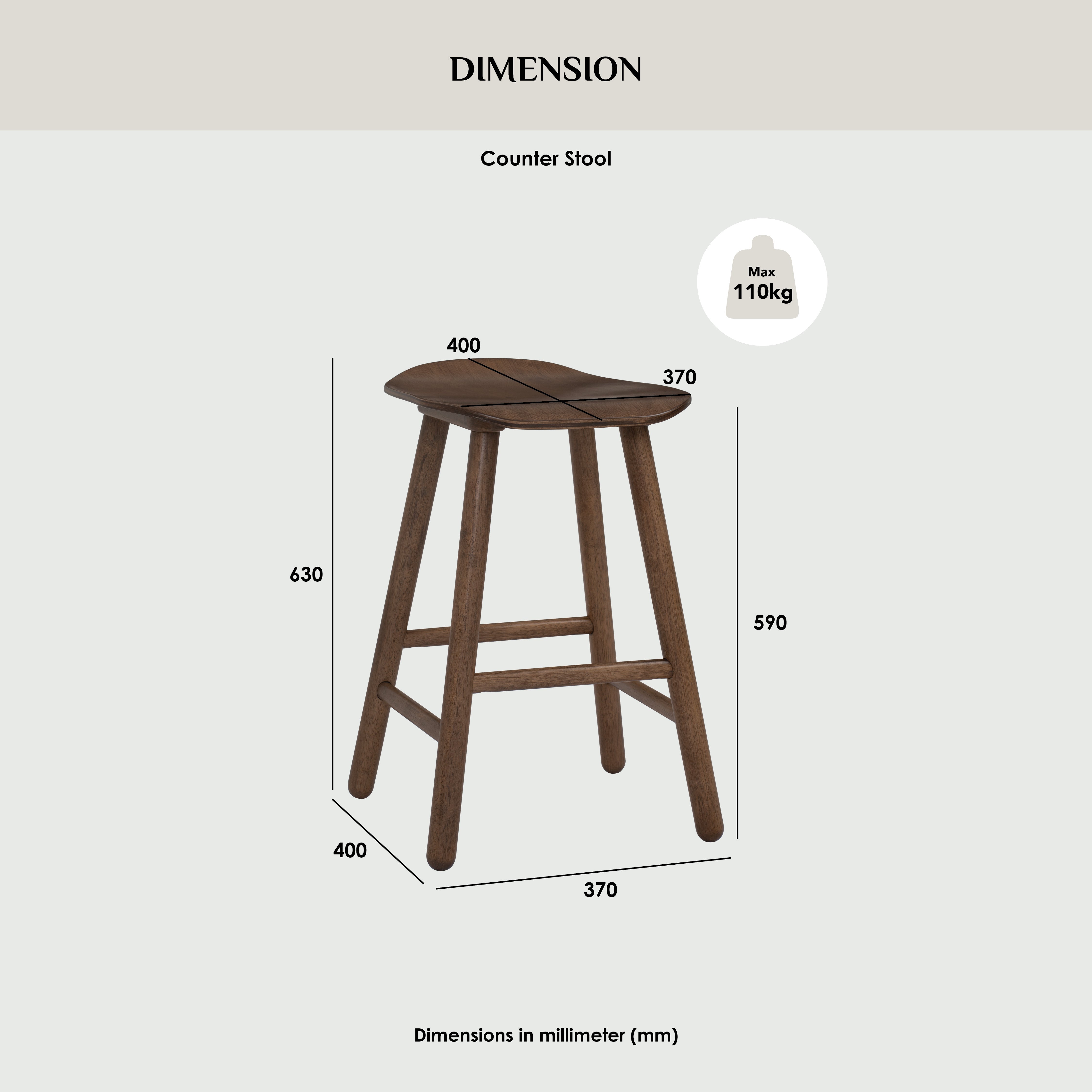 Wooden counter stool with dimensions labeled on a white background
