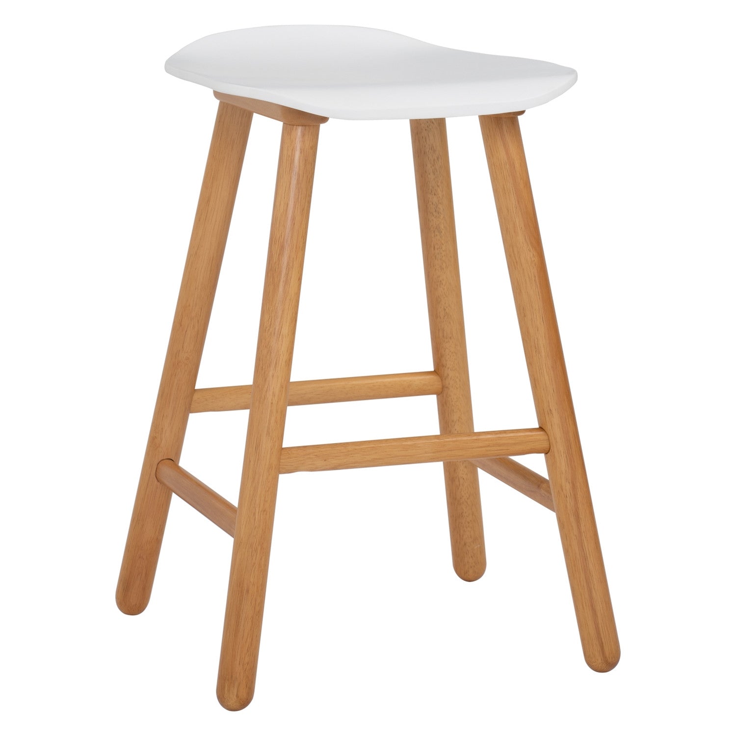 Bar stool with white seat and wooden legs on a white background