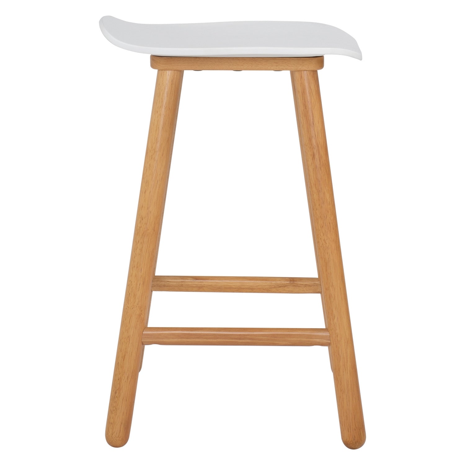 Bar stool with white seat and wooden legs on a white background