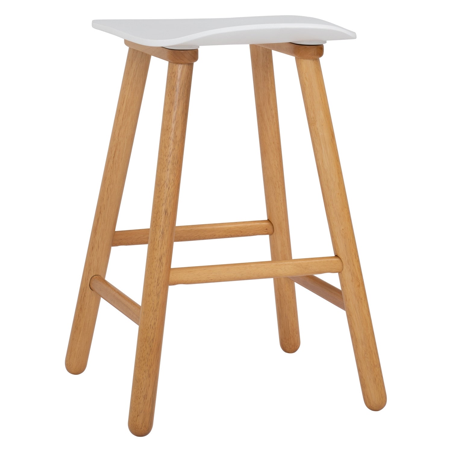 Wooden bar stool with a white seat on a white background