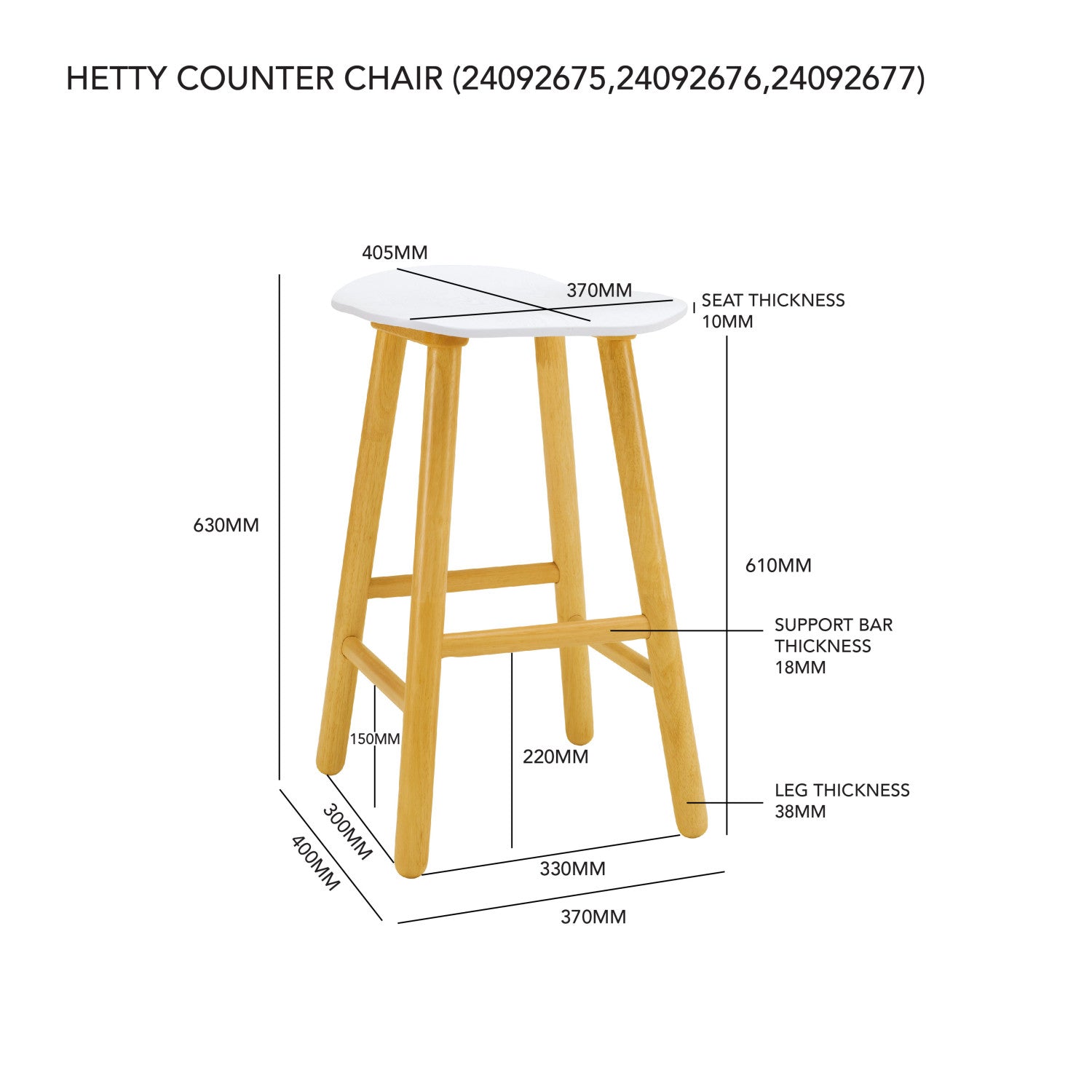 Measurement chart of a HETTY counter chair with dimensions labeled.