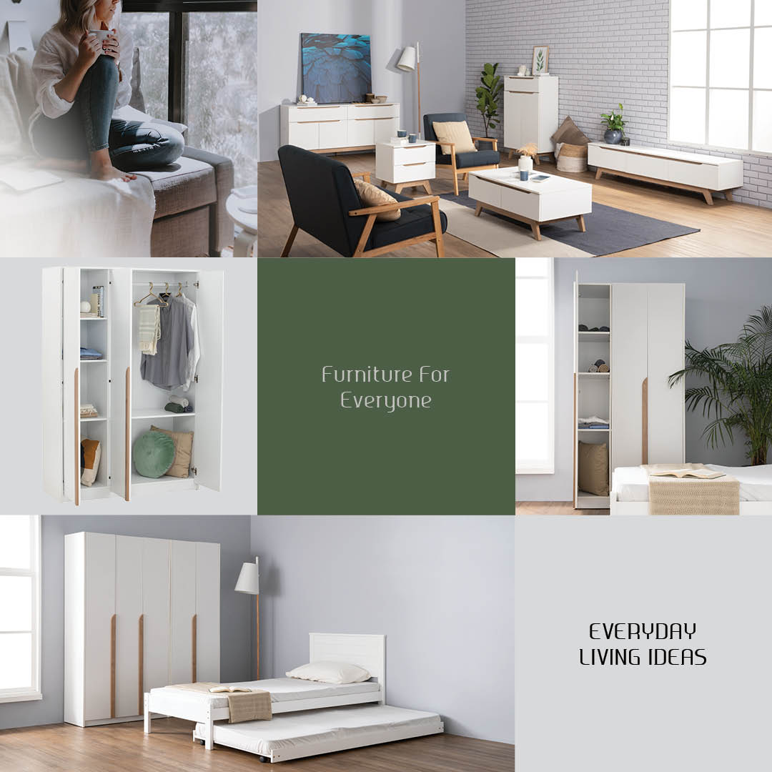 A 3x3 collage promoting furniture for home living, featuring modern bedroom, living room, and closet scenes alongside a central green block with the text 'Furniture For Everyone' and a bottom-right corner reading 'EVERYDAY LIVING IDEAS'.