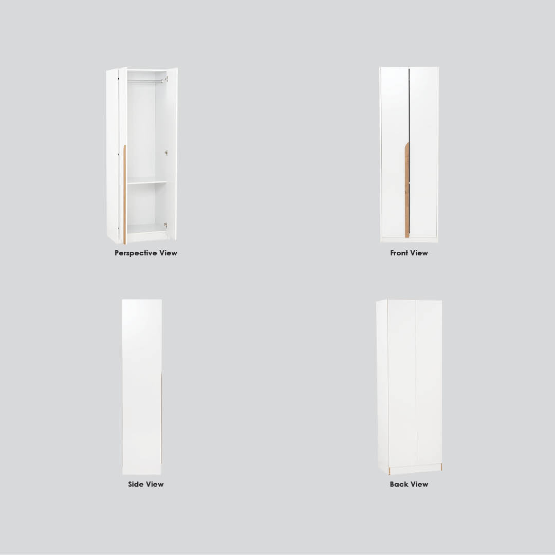 A white tall wardrobe or closet shown from four angles on a light gray background: perspective view with open doors and shelves, front view, side view, and back view. Small wood-toned handle accents are visible on the doors.