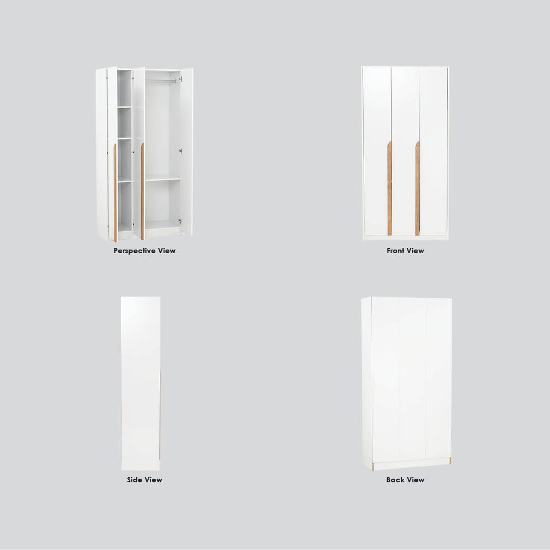 A white three-door wardrobe shown from four angles on a light gray background: Perspective View, Front View, Side View, and Back View. The wardrobe has light wood handles and interior shelves visible in the perspective view.