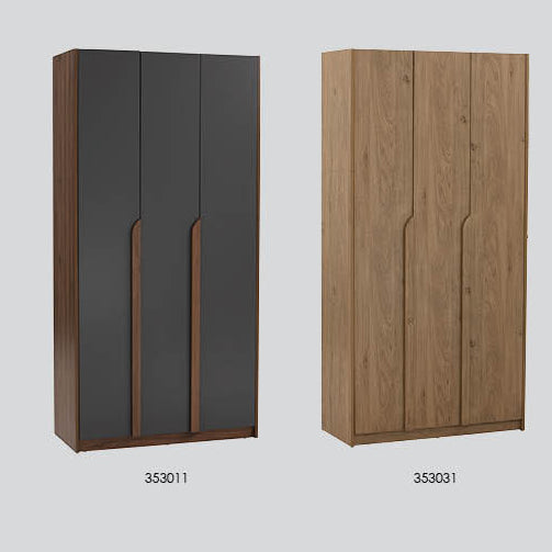 A catalog-style product graphic showing three wardrobe door color options under the heading 'MANDO 3 Door Wardrobe' on a light gray background, with a table of codes, color keys, and descriptions below.
