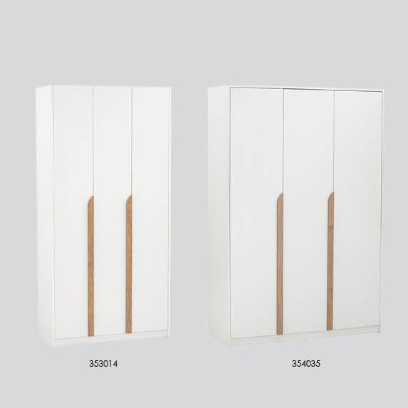 A catalog-style product graphic showing three wardrobe door color options under the heading 'MANDO 3 Door Wardrobe' on a light gray background, with a table of codes, color keys, and descriptions below.