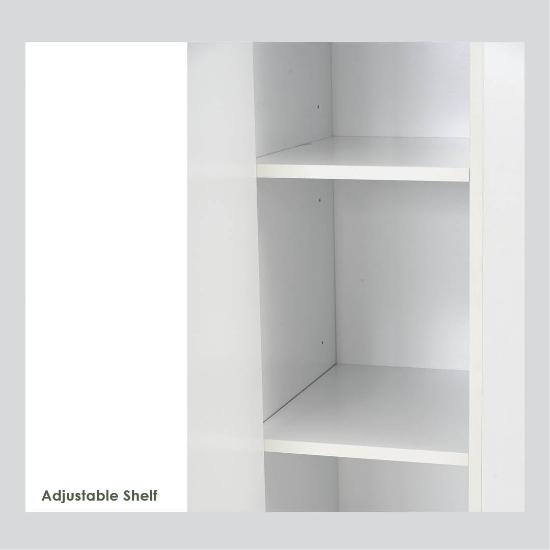 Close-up of a white adjustable shelf unit with two shelves, showing the interior side panels and mounting holes, with the text 'Adjustable Shelf' on a light gray background.