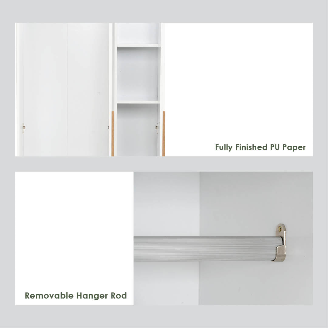 A white PU paper wardrobe door panel with a matching white hanger rod and small gold-toned hardware, shown in a clean interior-style layout with text labels reading 'Fully Finished PU Paper' and 'Removable Hanger Rod'.