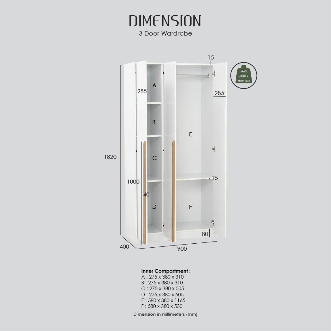 A dimension diagram of a 3-door wardrobe on a light gray background, showing labeled measurements for the wardrobe and inner compartments with a small green care icon.