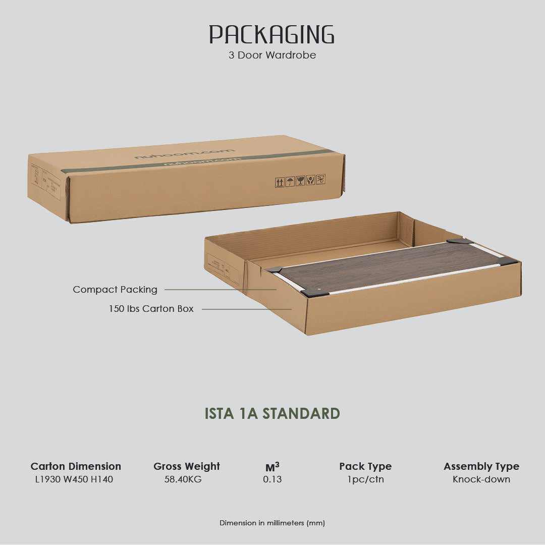 Packaging diagram for an ISTA 1A standard 3 door wardrobe, showing a brown cardboard box both closed and open to display its compact packed dimensions, with technical specifications listed below on a light gray background.
