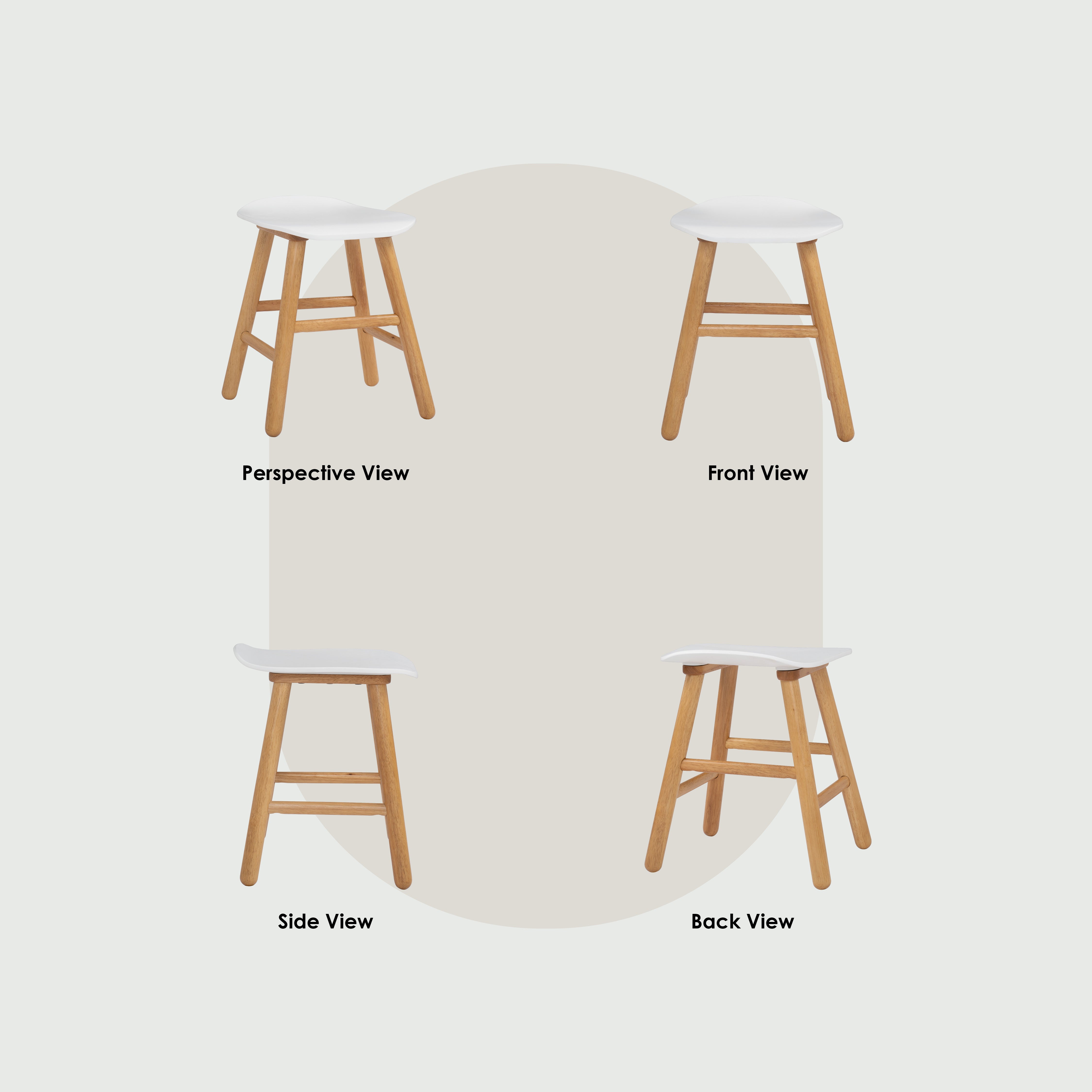 Round table with four wooden stools shown from different perspectives on a white background.