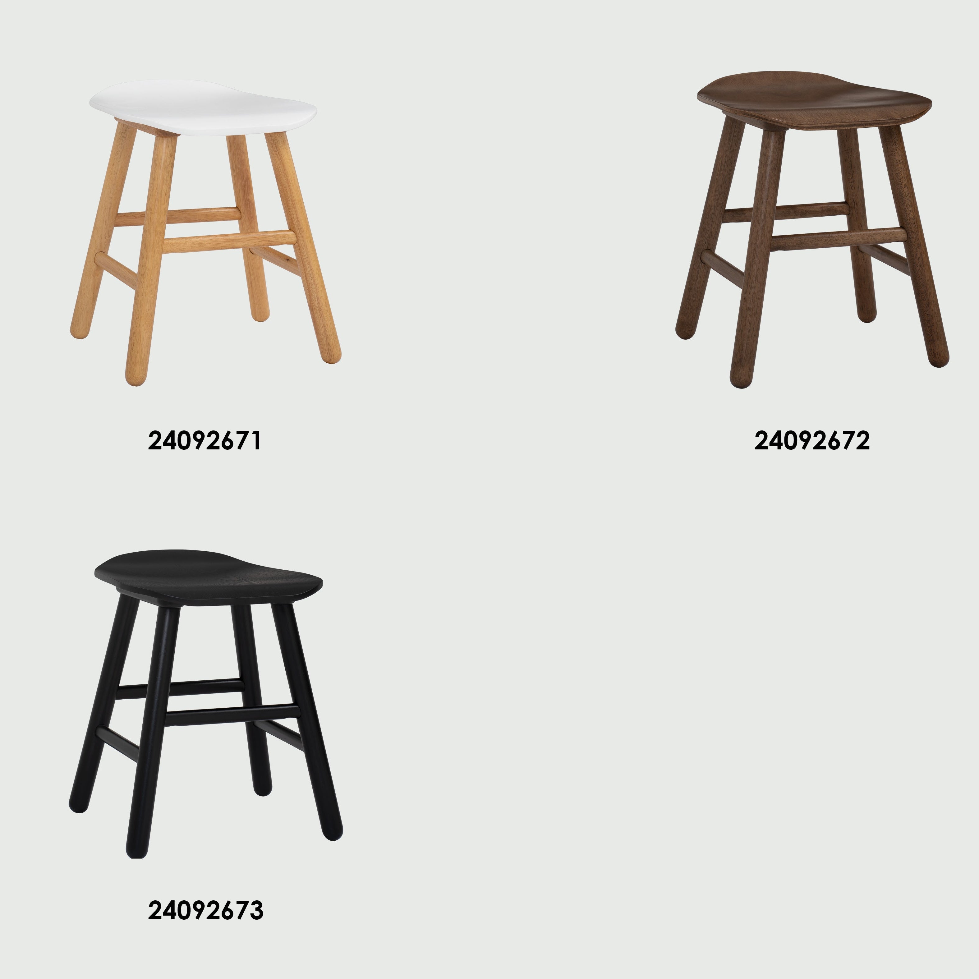 Three wooden stools with color options and codes on a white background