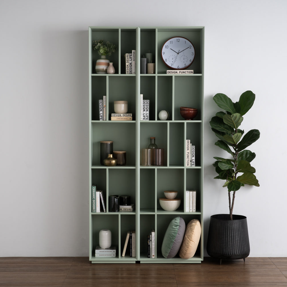 A black high bookcase with multiple shelves, designed for storage of books and display items.