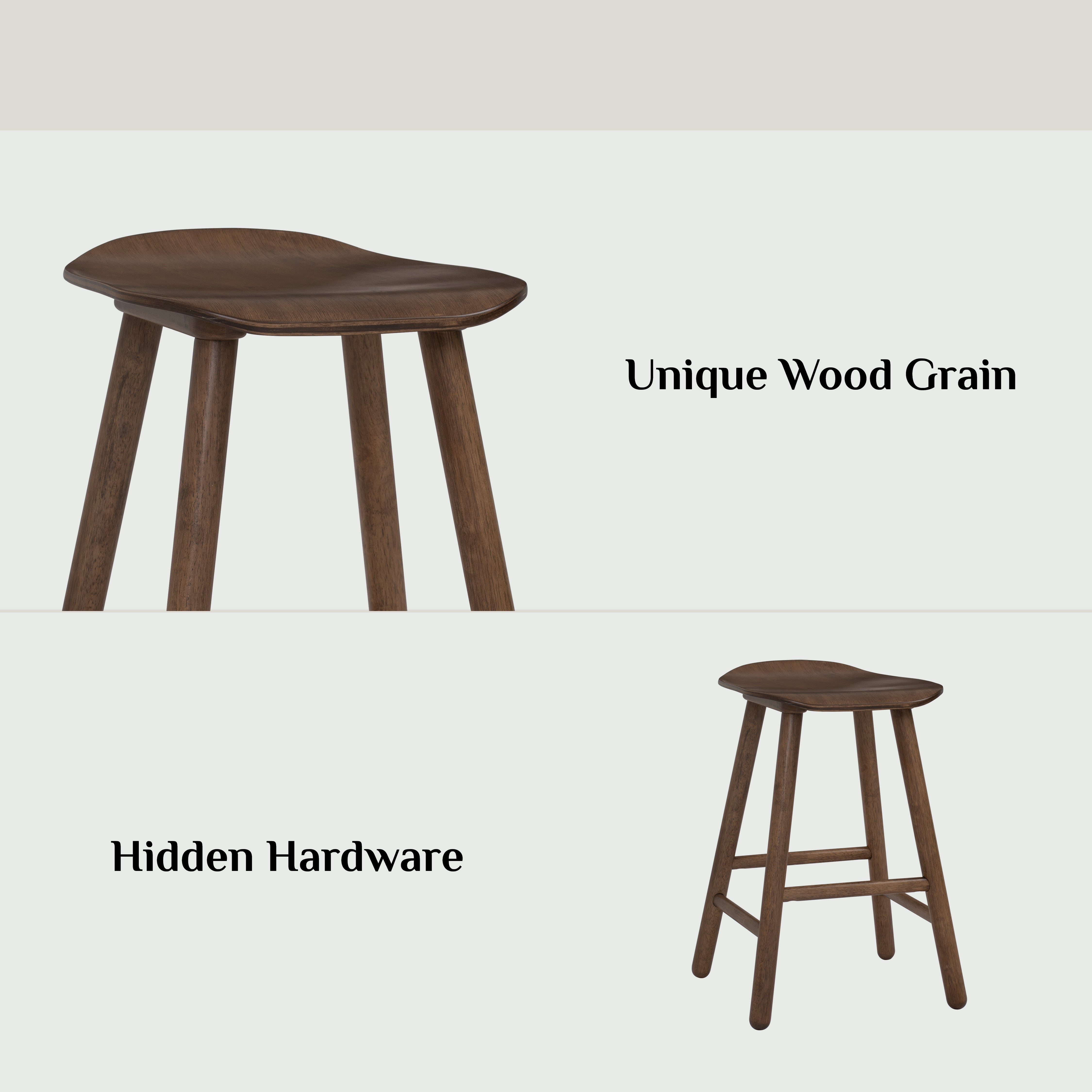 Wooden stool with unique wood grain and hidden hardware on a white background