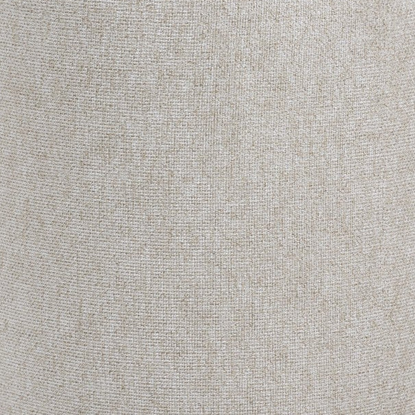 A beige fabric upholstered pouf with a walnut veneer base, photographed against a white background.