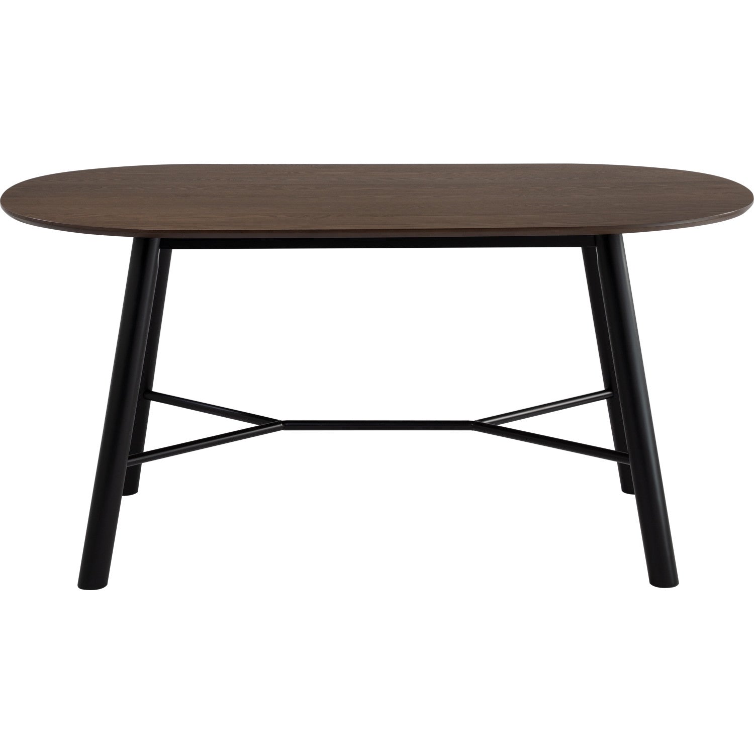 Round wooden table with black metal legs on a white background