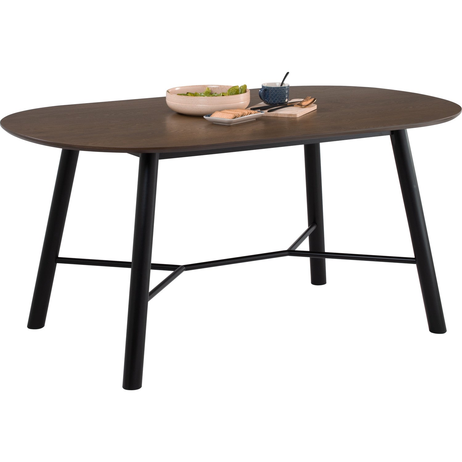 Wooden table with black legs on a white background