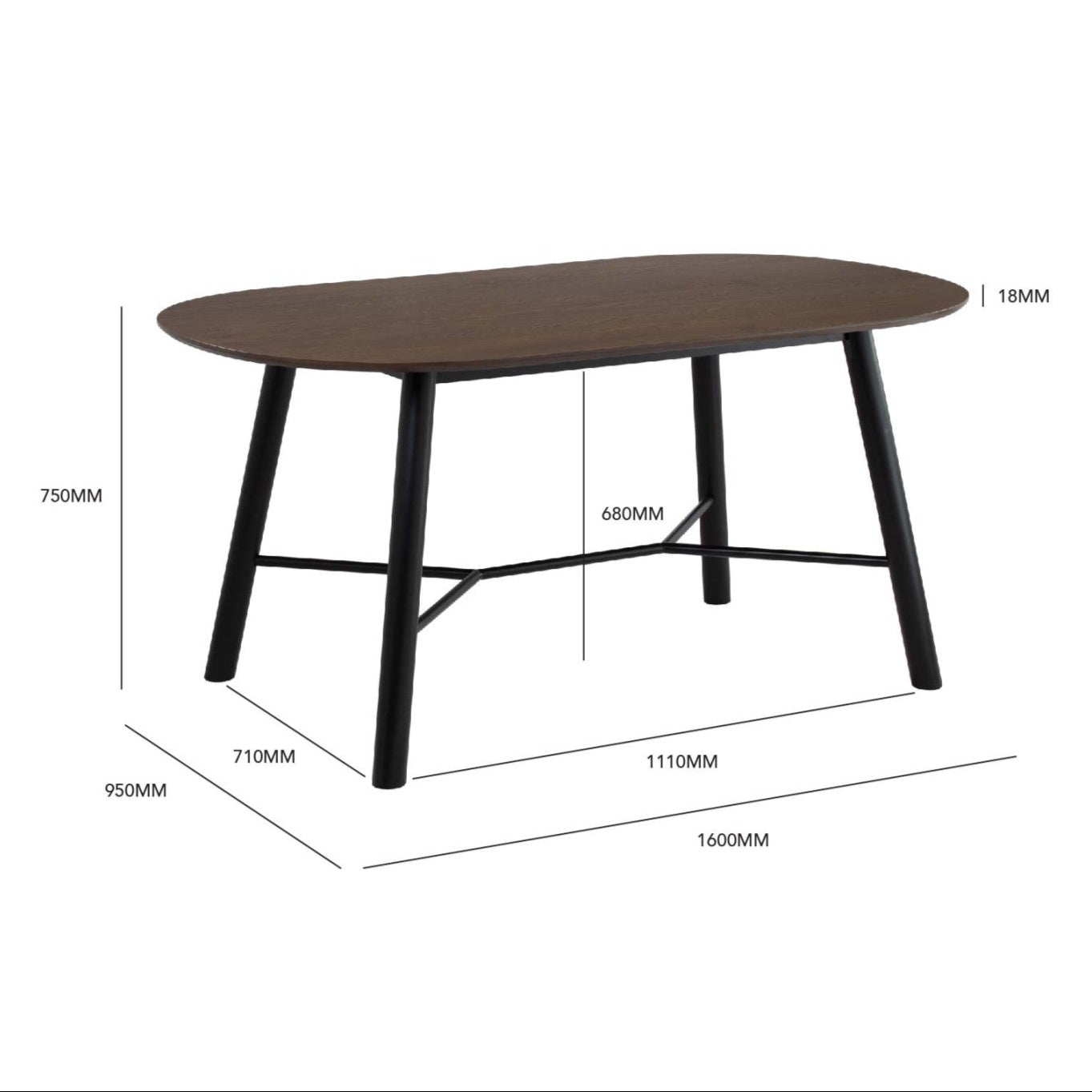 Dining table with dimensions labeled on a white background
