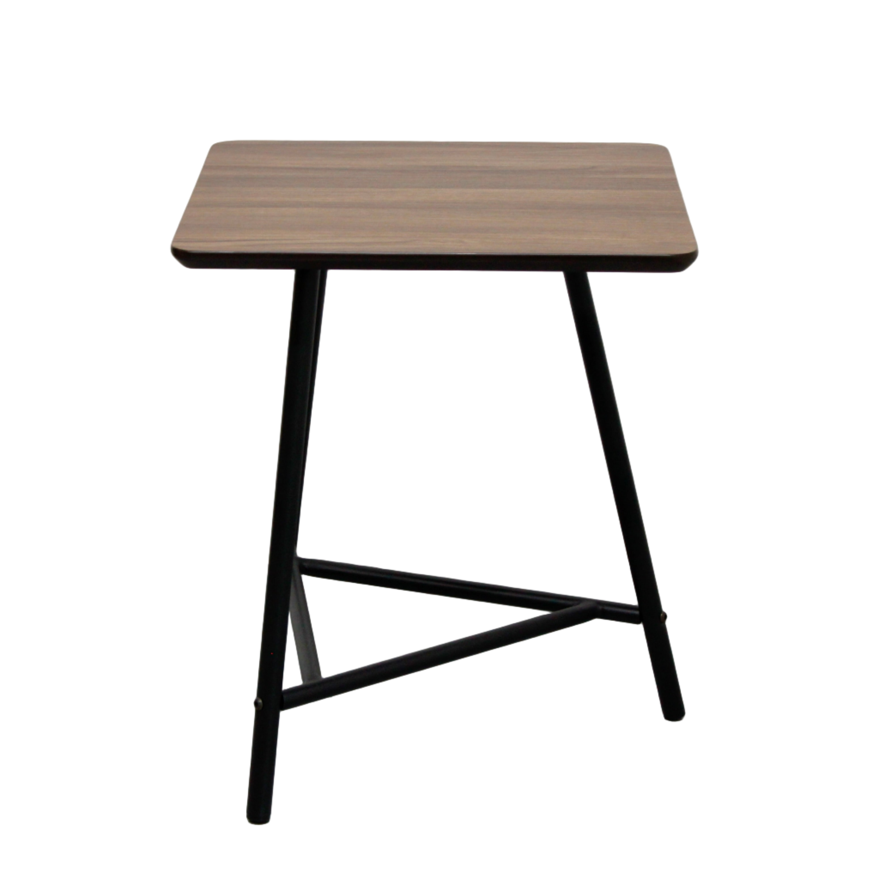 Small wooden table with black metal legs against a white wall.