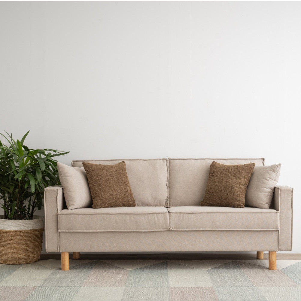 Beige sofa with brown cushions in a room with a plant and rug.