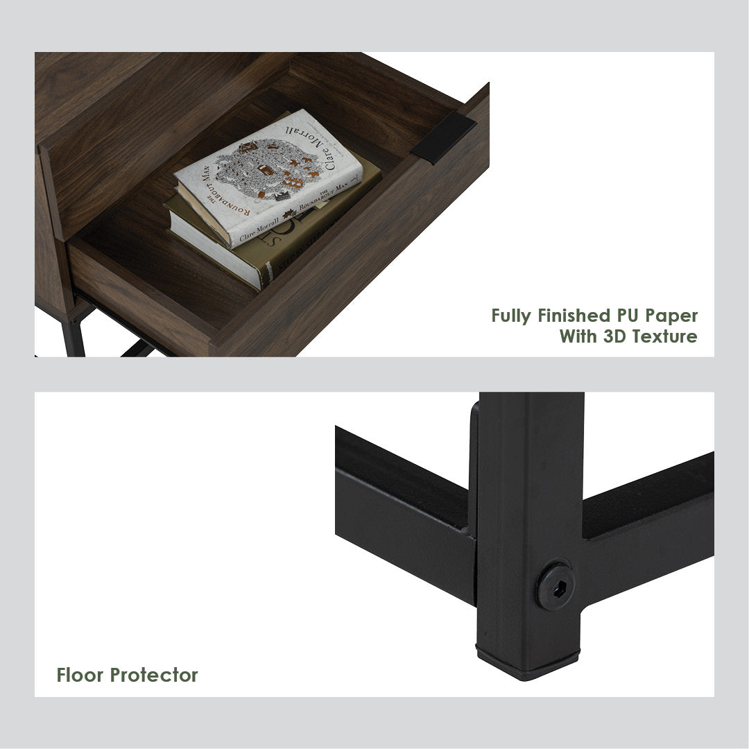 Wooden bed side table with a book on top and a close-up of a black metal leg with a floor protector.