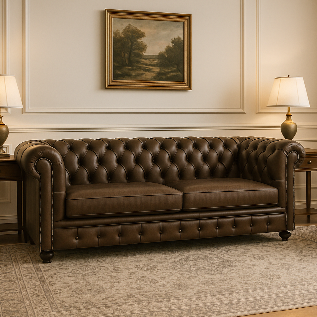 Brown leather sofa in a living room with beige armchair and lamps.
