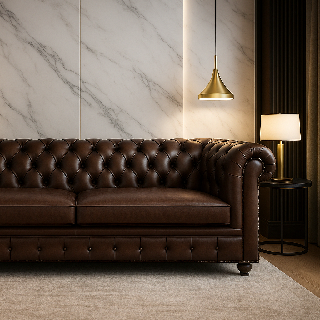 Brown leather sofa in a room with marble walls and pendant lights.