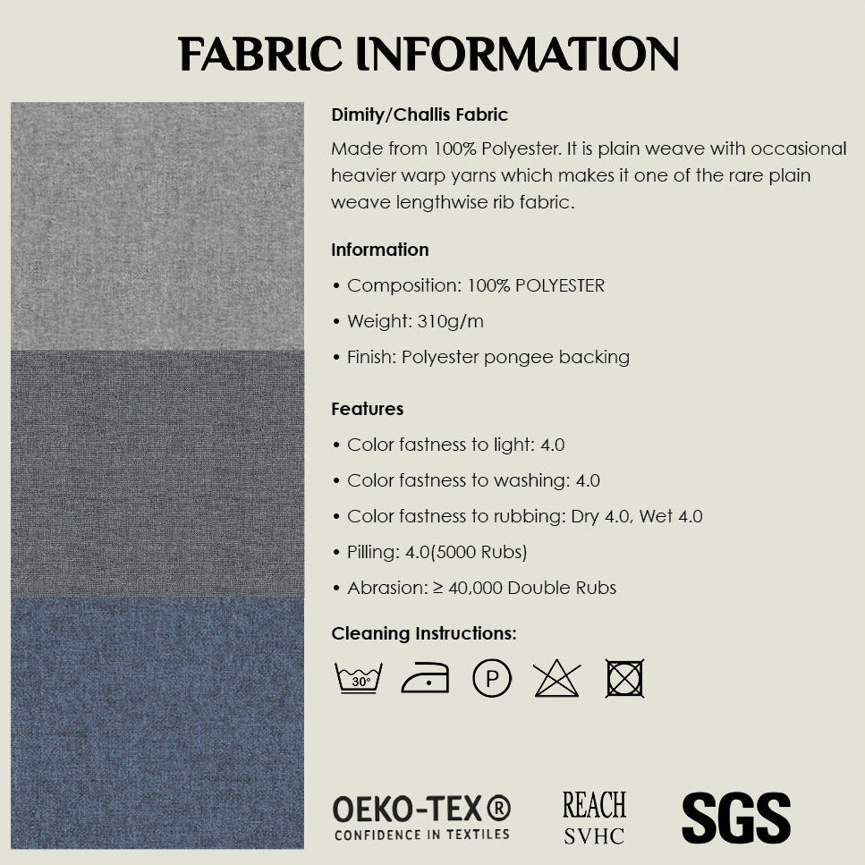 Fabric information sheet with text and fabric swatch on a beige background