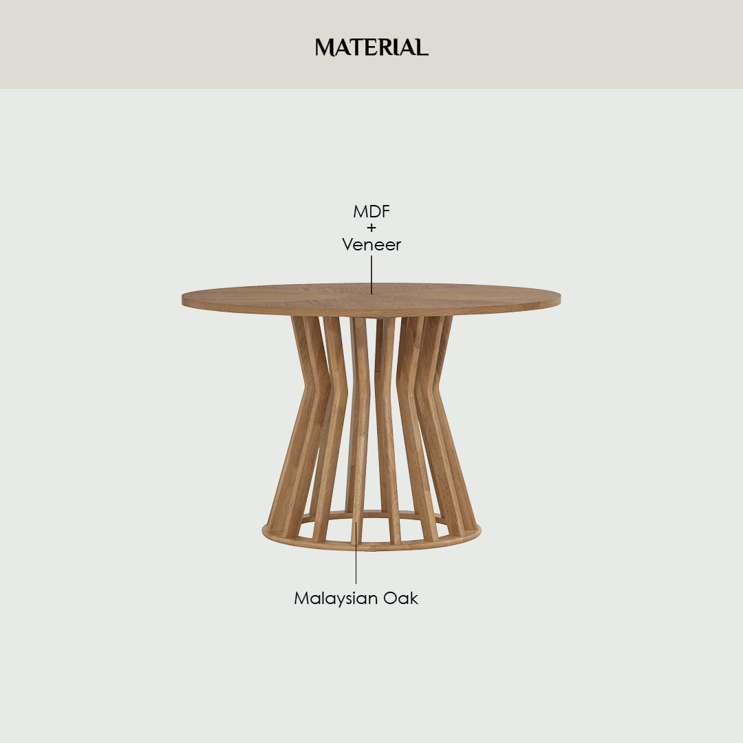 Wooden table with material label pointing to MDF + Veneer and Malaysian Oak on a light gray background.