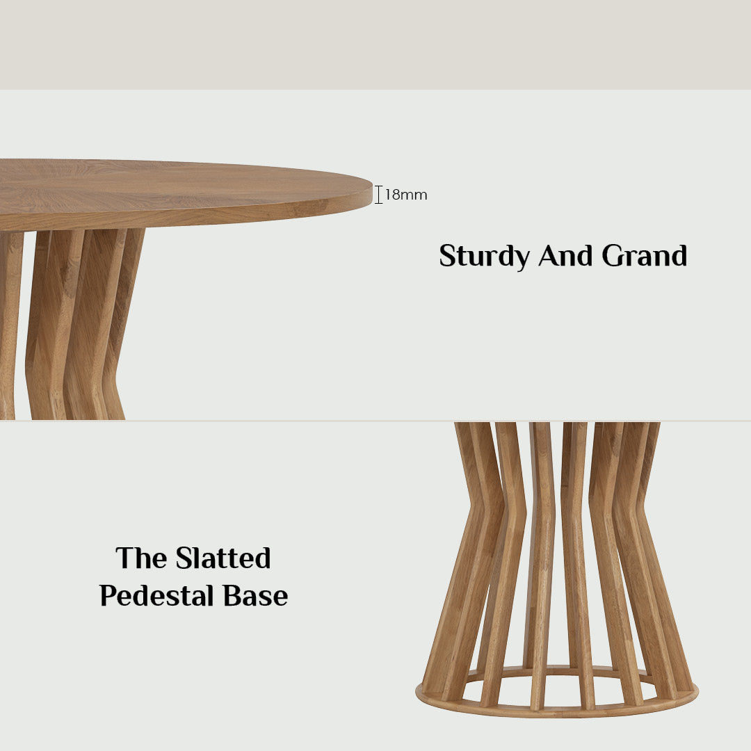 Wooden table with slatted pedestal base on a white background