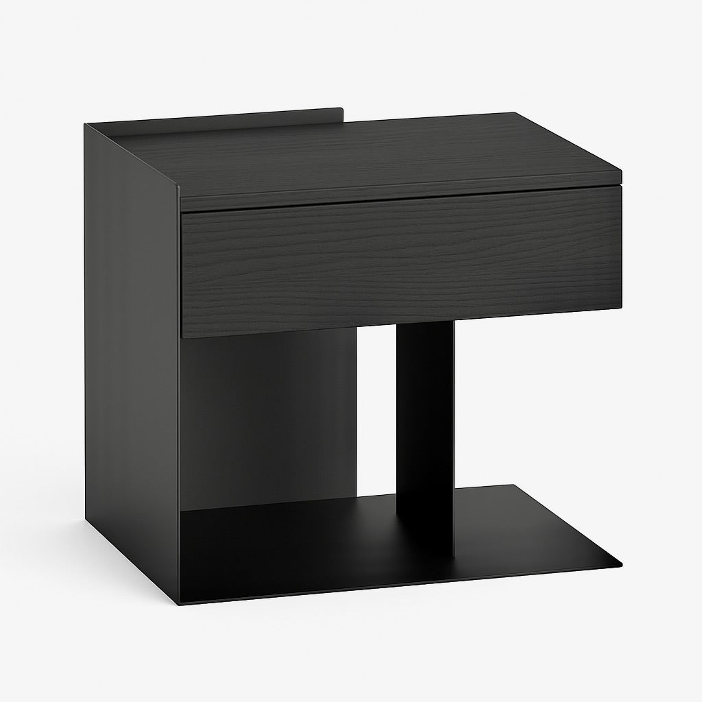 Black side table with a drawer on a white background