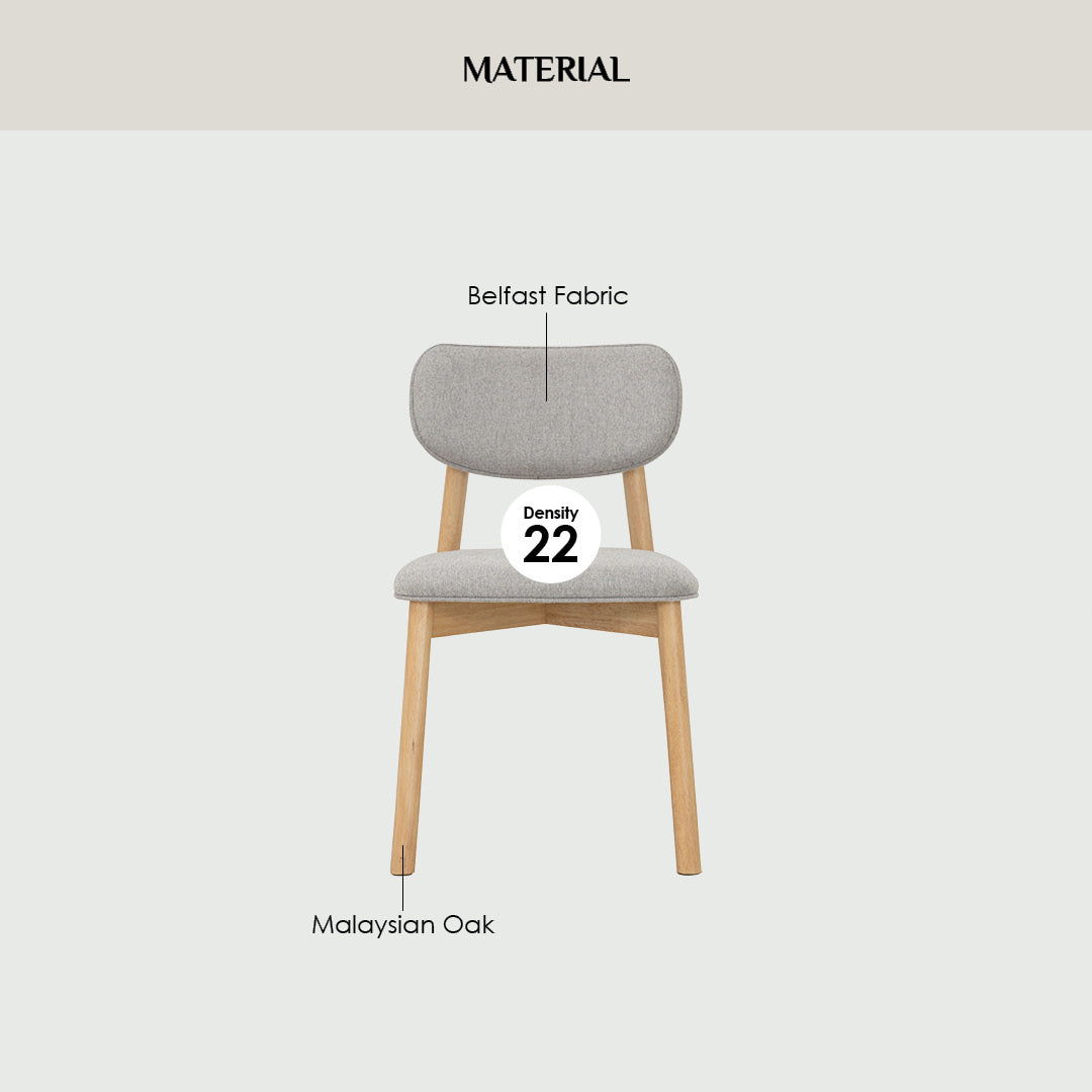 Chair with text indicating Belfast Fabric density 22 and Malaysian Oak material on a white background