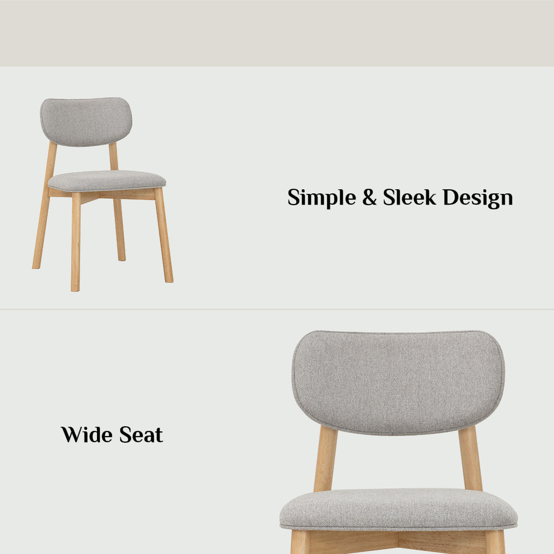 Gray chair with wooden legs on a white background, labeled 'Simple & Sleek Design' and 'Wide Seat'.