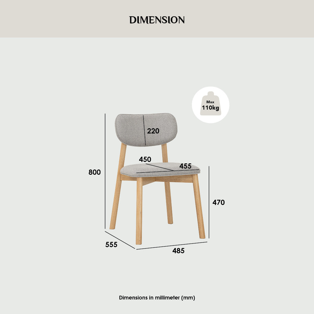 Chair with dimensions labeled on a white background