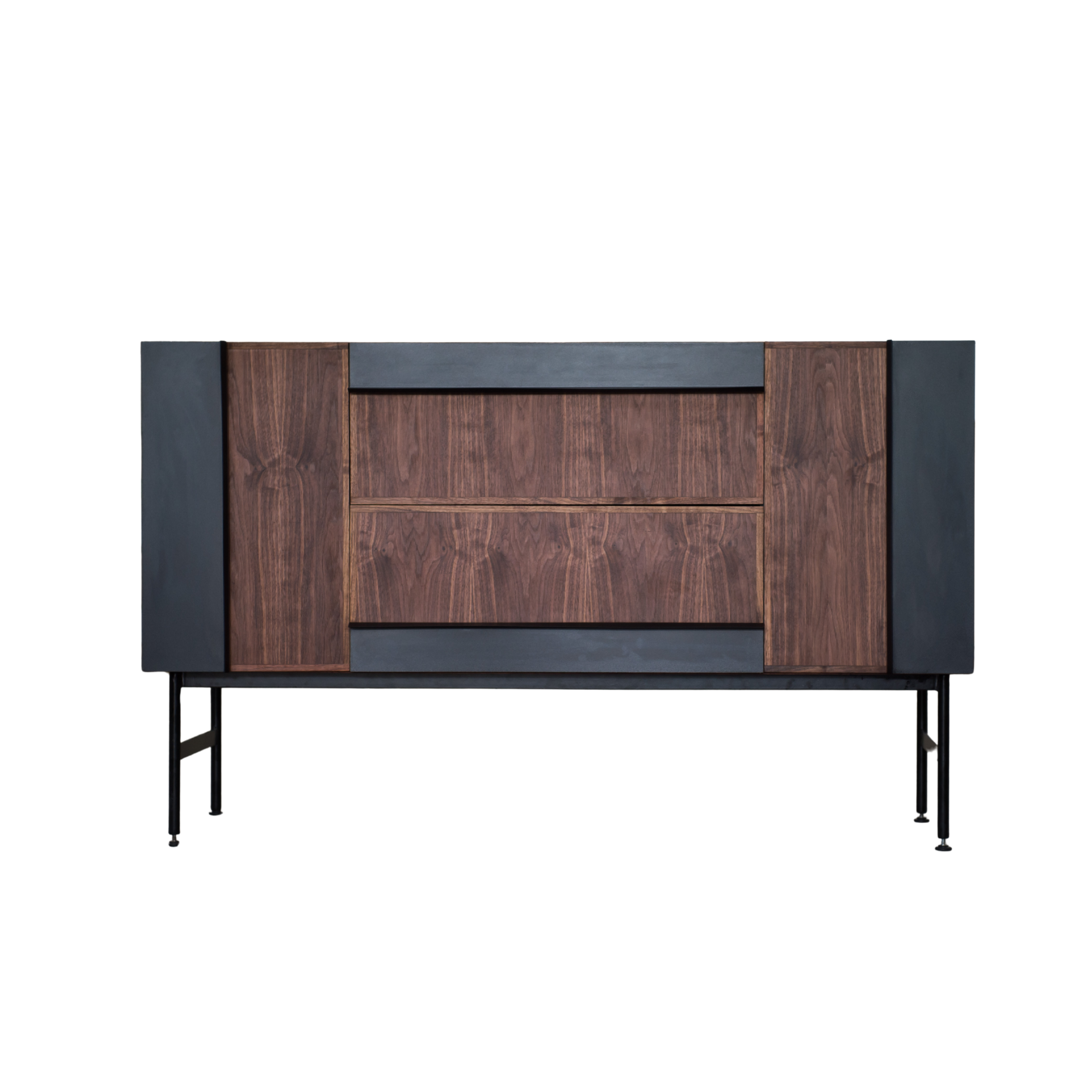 Wooden cabinet with black accents on a white background