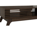 A dark brown wooden coffee table with a slatted top and angled legs, shown from a low front angle against a white background.