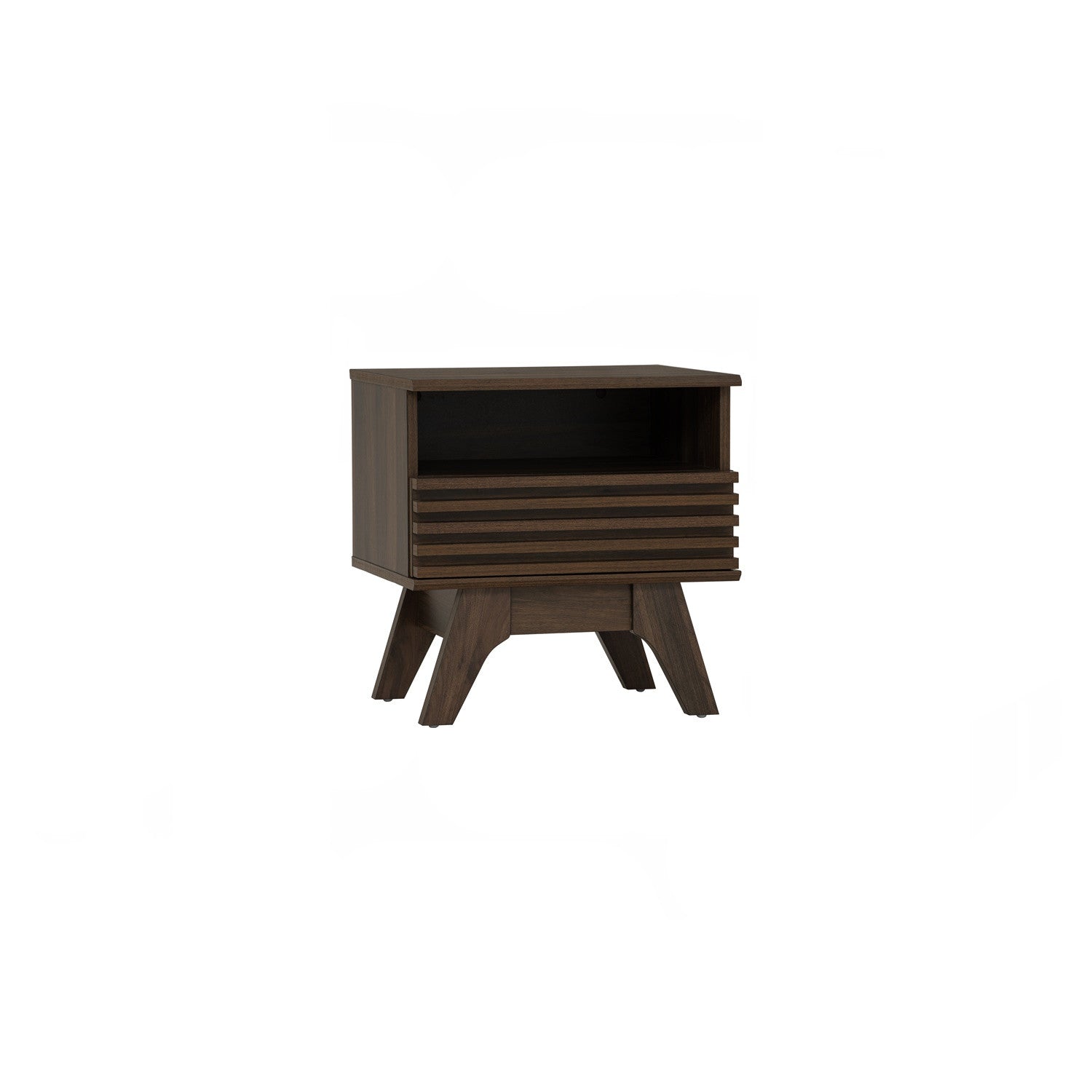 A mid-century modern wooden side table with a dark brown finish, featuring angled legs and horizontal slat detailing on the front, shown against a plain white background.