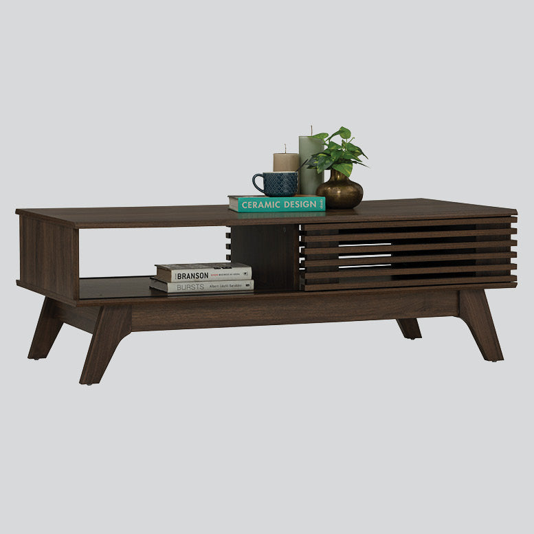 A dark brown wooden coffee table with a slatted side design and angled legs, shown against a light gray background with product text below.