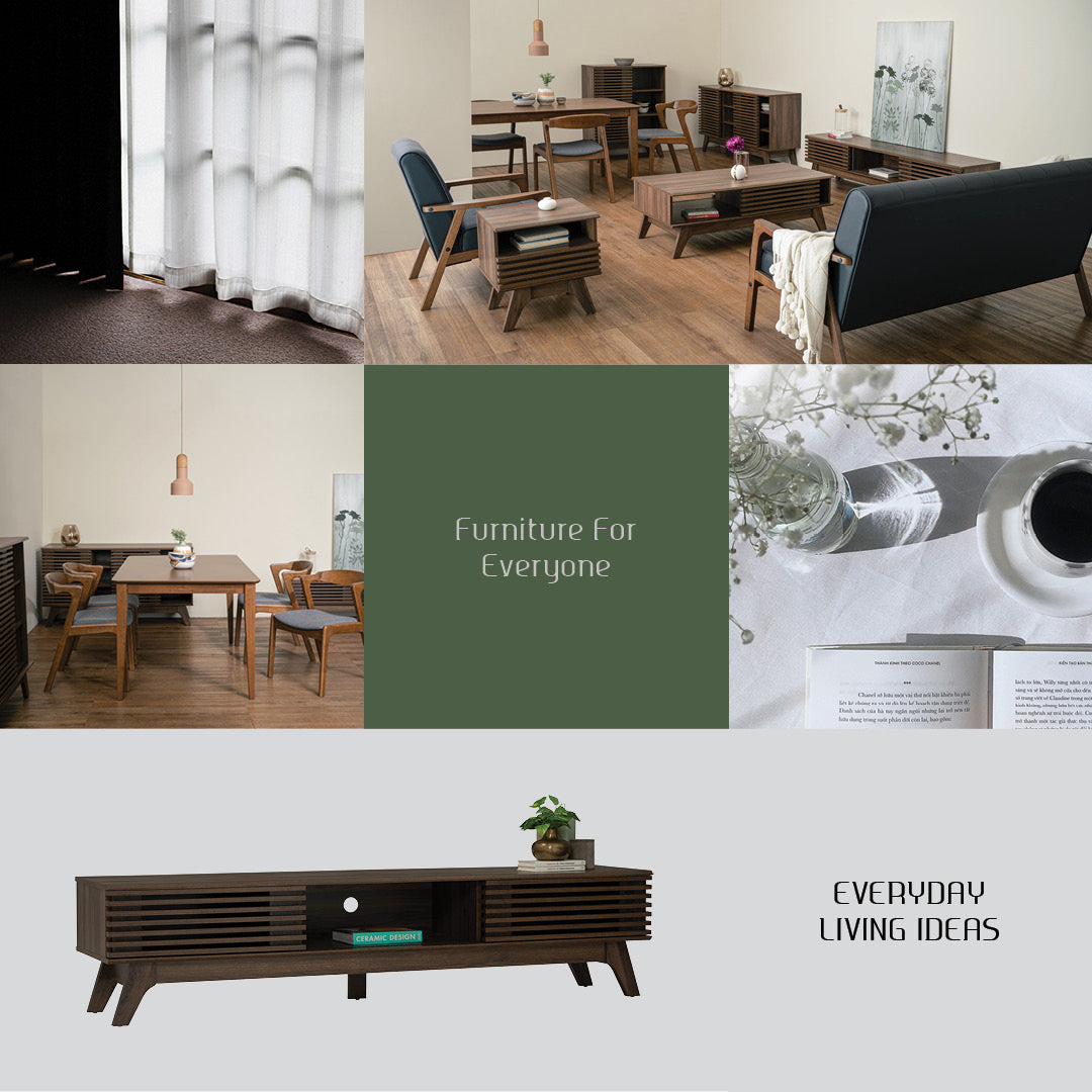 A collage-style promotional graphic for furniture, featuring multiple interior scenes with wooden dining and living room sets, a dark sofa, a console table, and a central green panel reading 'Furniture For Everyone.' Text at the bottom right says 'EVERYDAY LIVING IDEAS.
