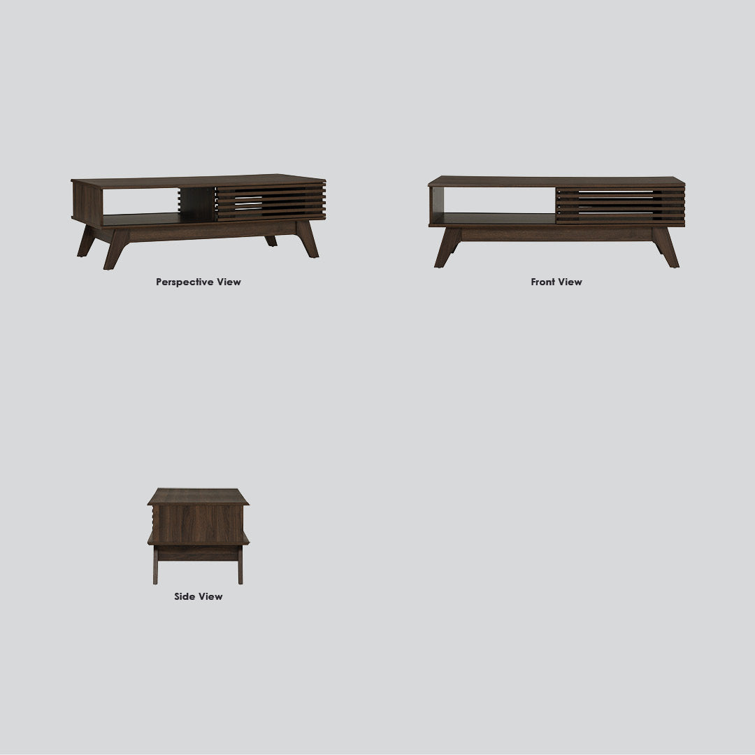 A dark brown wooden media console or coffee table shown from three angles on a light gray background: perspective view, front view, and side view, with labels beneath each view.