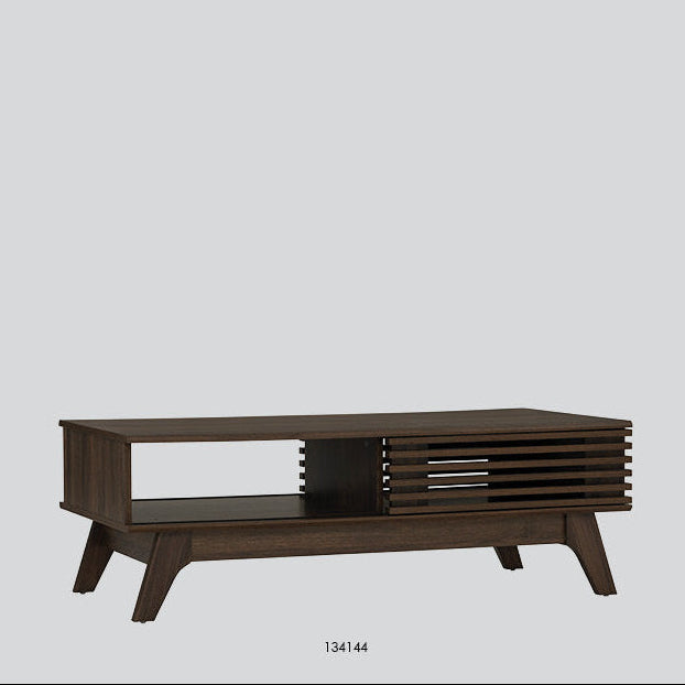 A dark walnut wood coffee table with a slatted side detail, shown on a light gray background with product specifications text above and below.