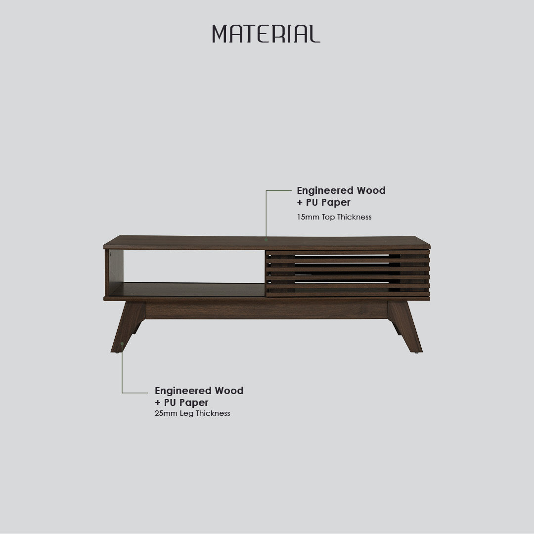 A dark brown wooden sideboard or console table with a slatted front and angled legs, shown on a light gray background with text labels indicating material and thickness details.